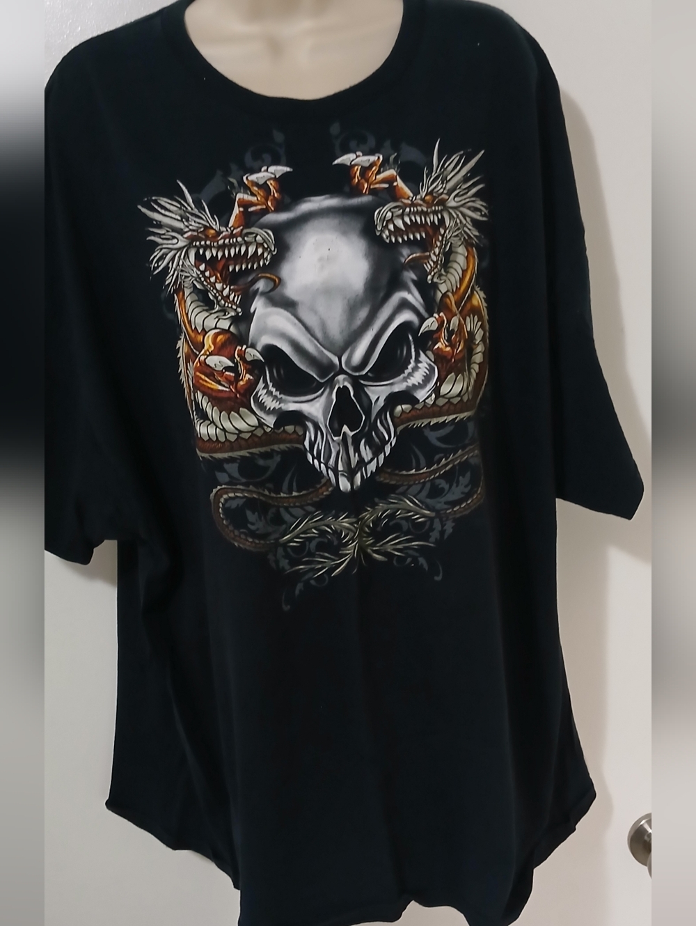 Black Graphic Skull Tee with Dragon Accents